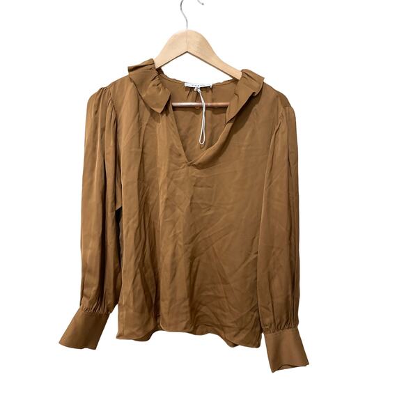 FRAME ruffle-collar SILK‎ blouse camel loose fit Size XS NWOT - Picture 6 of 7